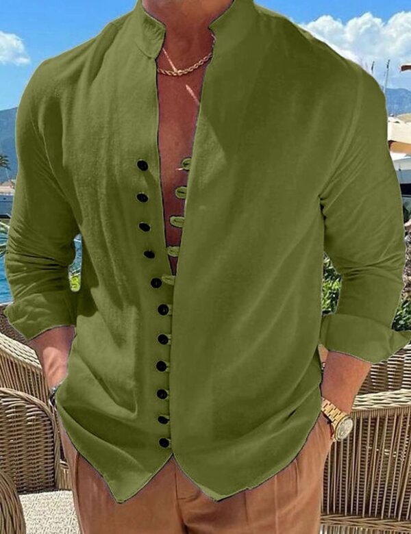 Standing Collar Cotton-Blend Long Sleeve Shirt - Image 5